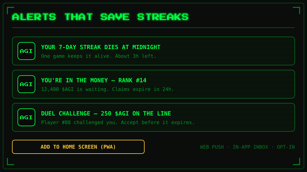 Three push notifications: streak at risk, prize claim ready, duel challenge received