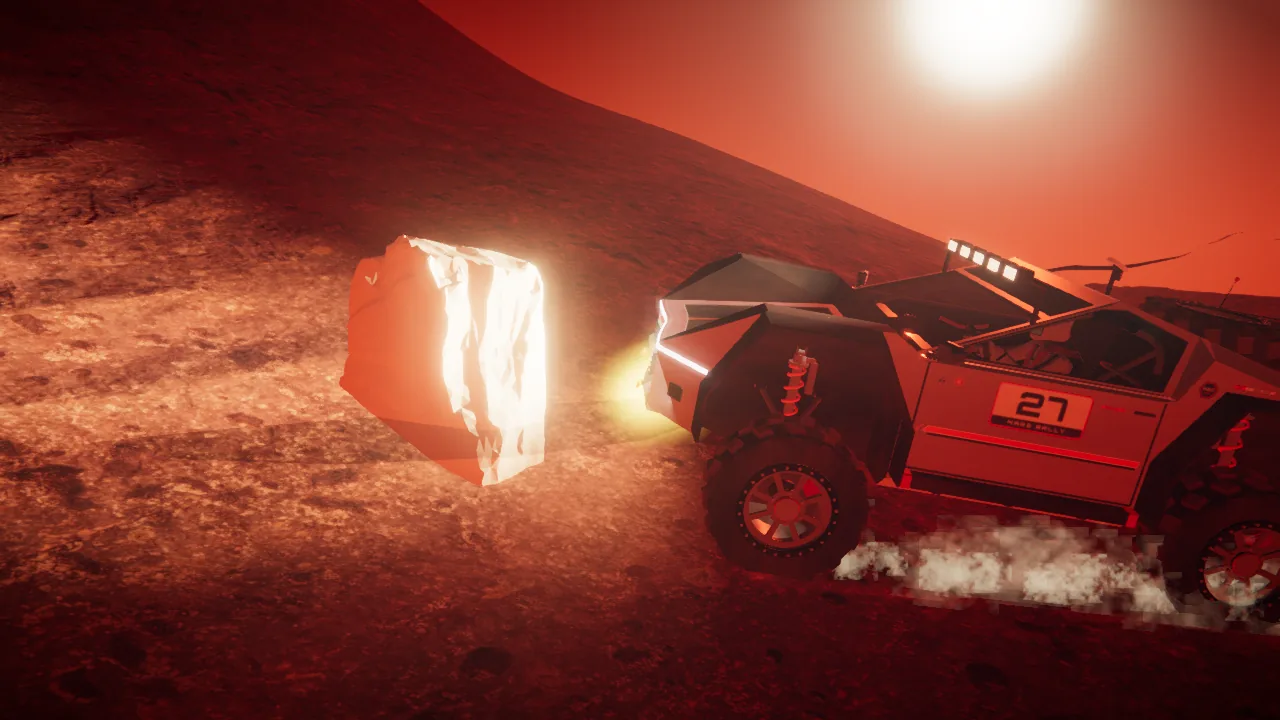 Mars Rally Championship in-game screenshot: the rover bouncing back from a boulder at sunset, a flash of sparks at its nose and the rock lit bright by its headlights, seen from the side
