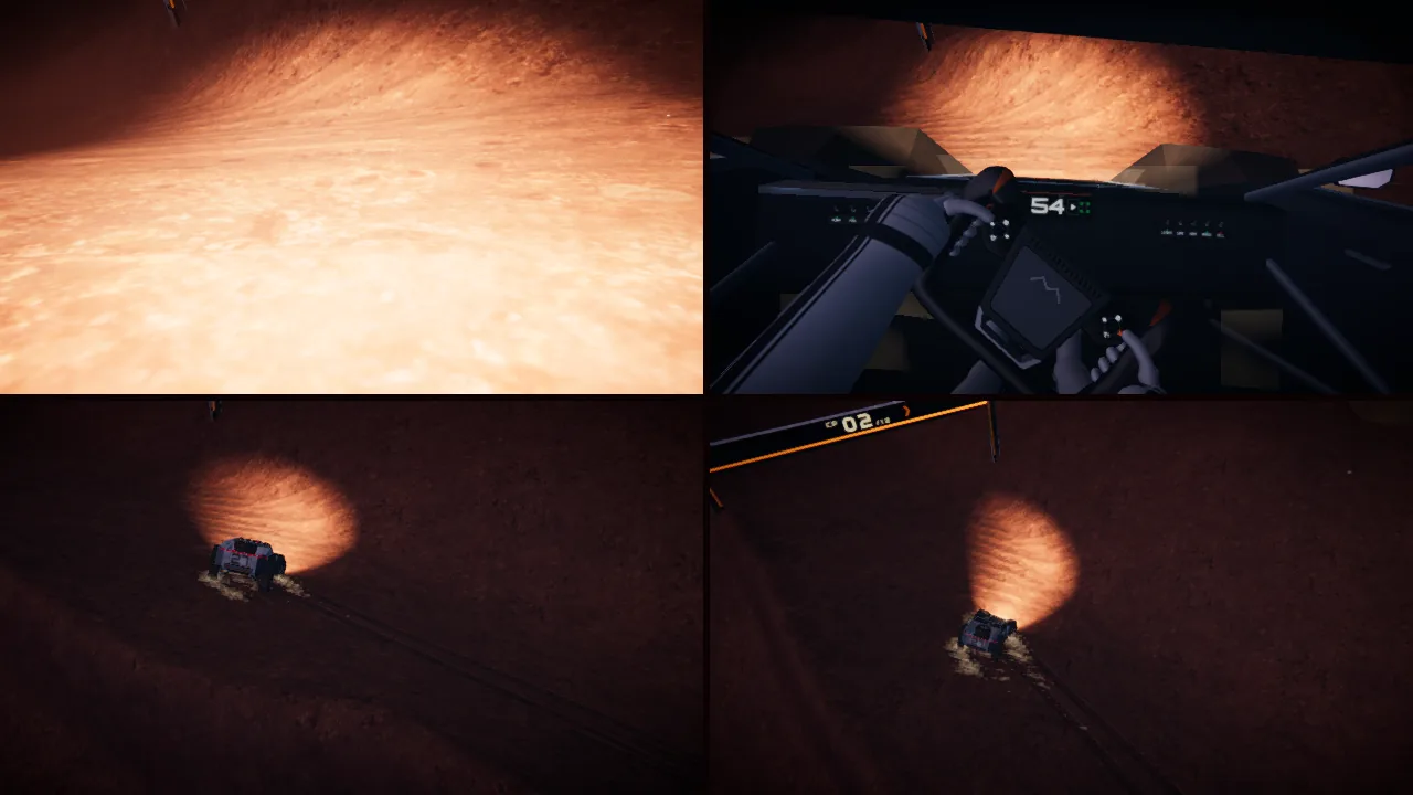 Mars Rally Championship in-game screenshot: four panels of the same instant of one night slide on Stage 1, The Eight. Top left BUMPER, low at the nose with the headlit regolith filling the view; top right HELMET, the pilot's gloves on the turned yoke; bottom left TELE, a long lens from behind; bottom right HELI, high above and behind the rover, gate 2's arch in the corner.