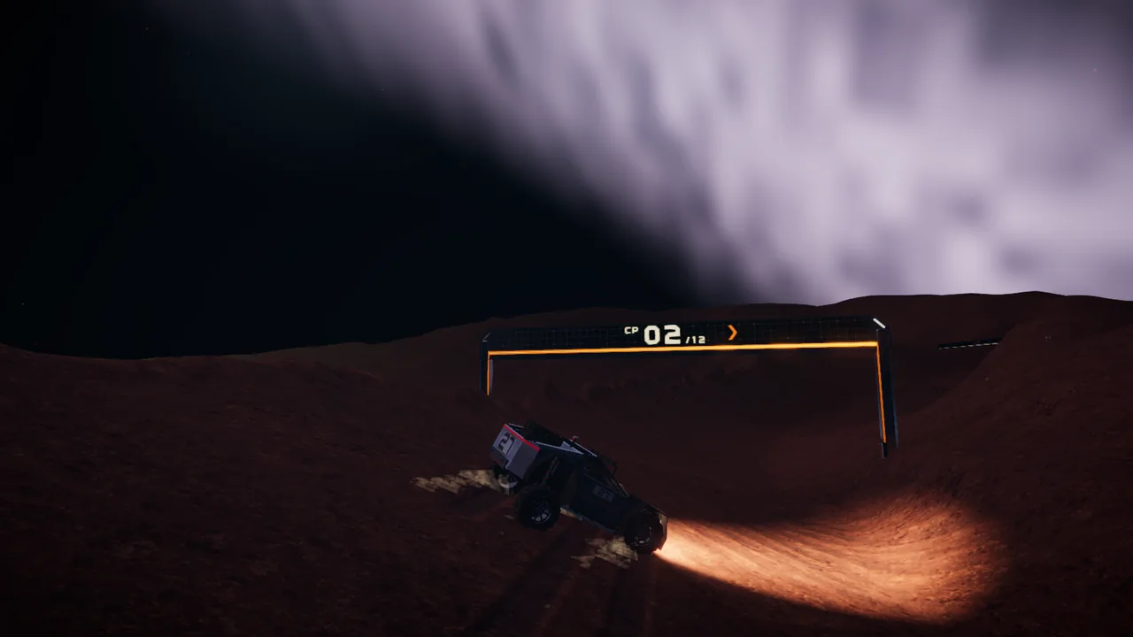 Mars Rally Championship in-game screenshot: a replay of Stage 1, The Eight, at night from a hand-placed camera behind the slide, the rally rover sideways into gate 2 on the climb from the start, its light bars across the regolith and dust at its wheels, the slope rising behind it under the Milky Way.