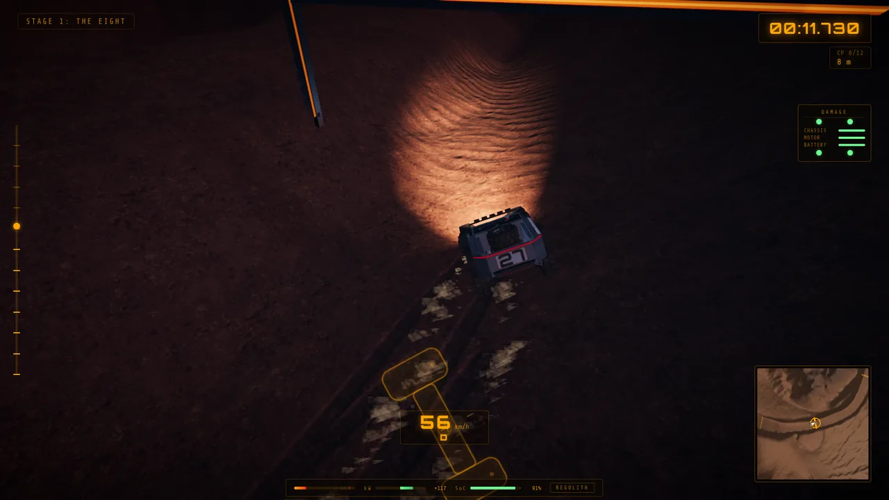 Mars Rally Championship in-game screenshot: Stage 1, The Eight, at night, seen from the CHASE camera behind the rally rover as it swings sideways on the handbrake into gate 8, a left-hander, its light bars sweeping across the regolith, dust and ruts behind the wheels, the gate's post and beam at the top of the frame and the driving HUD around it.
