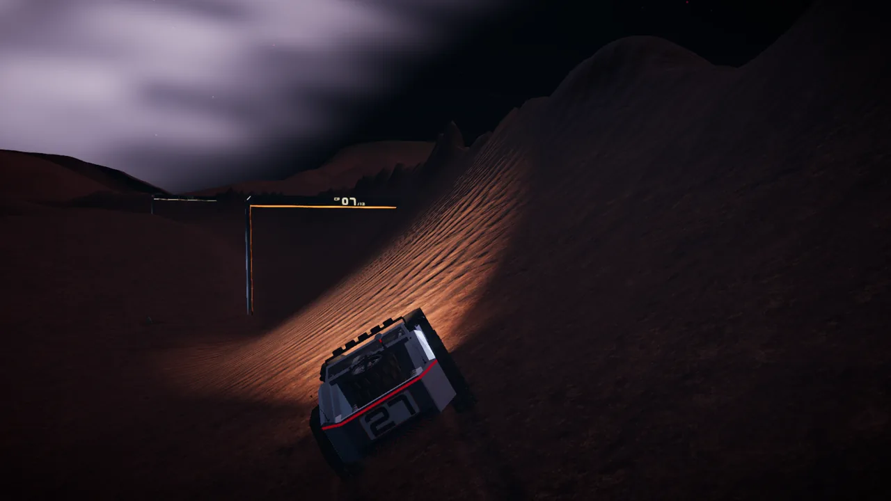 Mars Rally Championship in-game screenshot: Stage 1, The Eight, at night, seen from behind and above the rally rover as it rides high on a steep side slope toward gate 7, its light bars lighting the rippled regolith ahead and the gate's CP 07 banner glowing amber on the left, under the pale band of the Milky Way.
