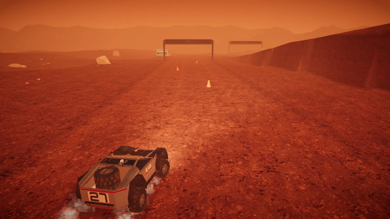 Mars Rally Championship in-game screenshot: the rover weaving between the orange slalom pylons of the Proving Ground tutorial, seen from above and behind, the lesson gates beyond