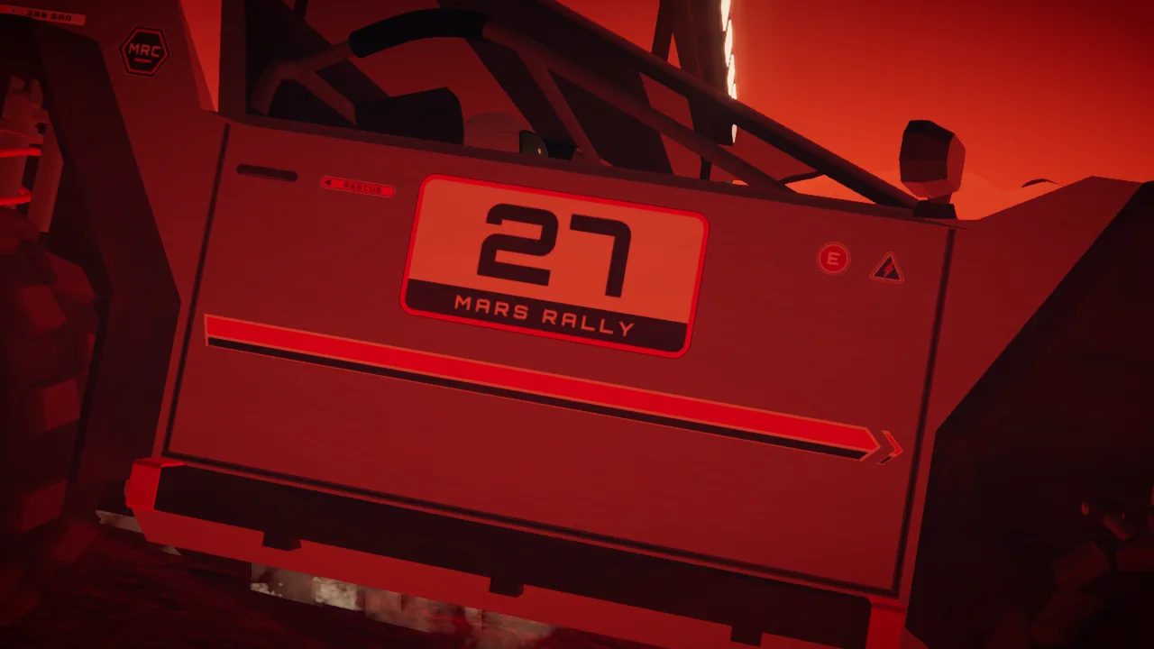 Mars Rally Championship in-game screenshot: close-up of the rally rover’s door carrying race number 27, the one car in the game.