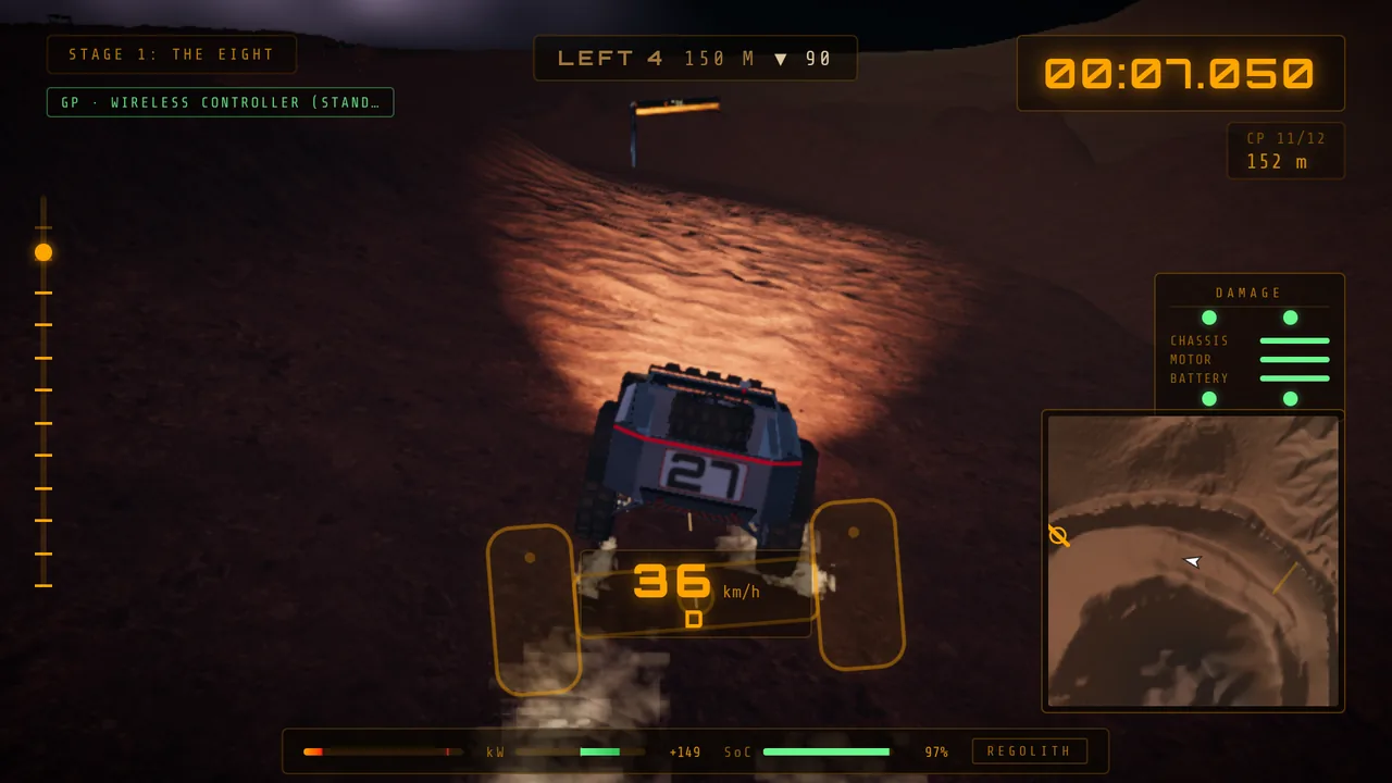 Mars Rally Championship in-game screenshot: Stage 1, The Eight, at night from the CHASE camera behind the rally rover, its light bars lighting the regolith ahead and gate 11's arch far up the slope, the driving HUD around the frame with a GP badge at top left showing a gamepad is connected, rendered on the MEDIUM graphics preset.