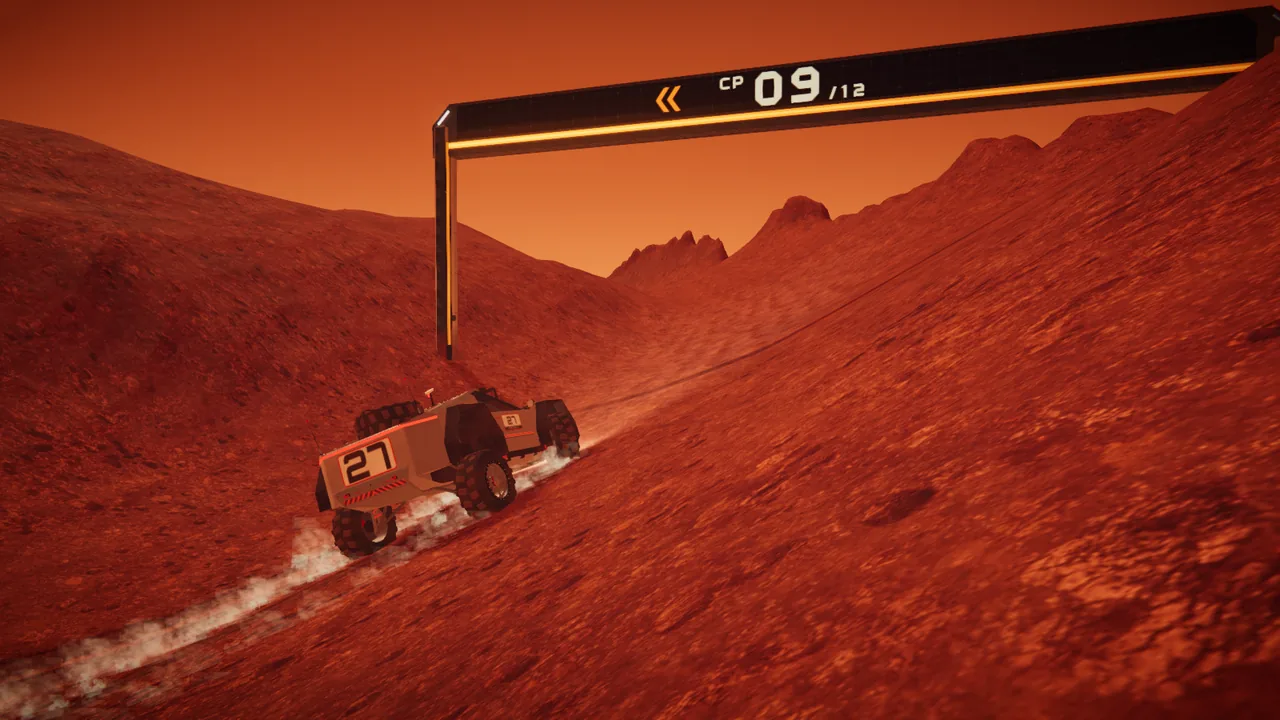 Mars Rally Championship in-game screenshot: Stage 1, The Eight, under a daylight sky, the rally rover sideways on the handbrake into gate 9, a left-hander, its rear wheels locked, dust thrown up behind it and ruts in the red regolith, the gate's CP 09 arch ahead.