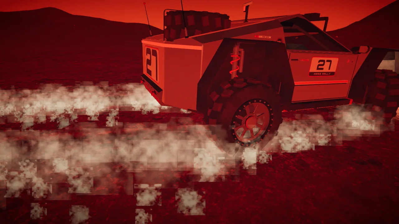 Mars Rally Championship in-game screenshot: a close, low view of the rally rover's rear wheel in free roam at sunset, the rover swinging sideways on the handbrake, its locked rear tire skidding through red regolith in a fan of dust and the front wheel turned at full lock beyond.