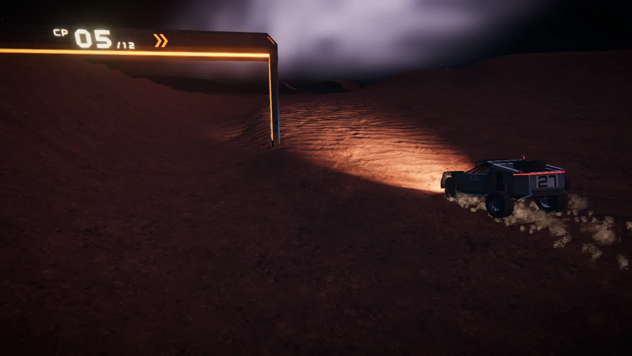 Mars Rally Championship in-game screenshot: Stage 1, The Eight, at night, the rally rover sliding sideways on the handbrake toward gate 5, the 80° right-hander, its CP 05 gantry ahead, its light bars across the regolith and dust thrown off the locked rear wheels.