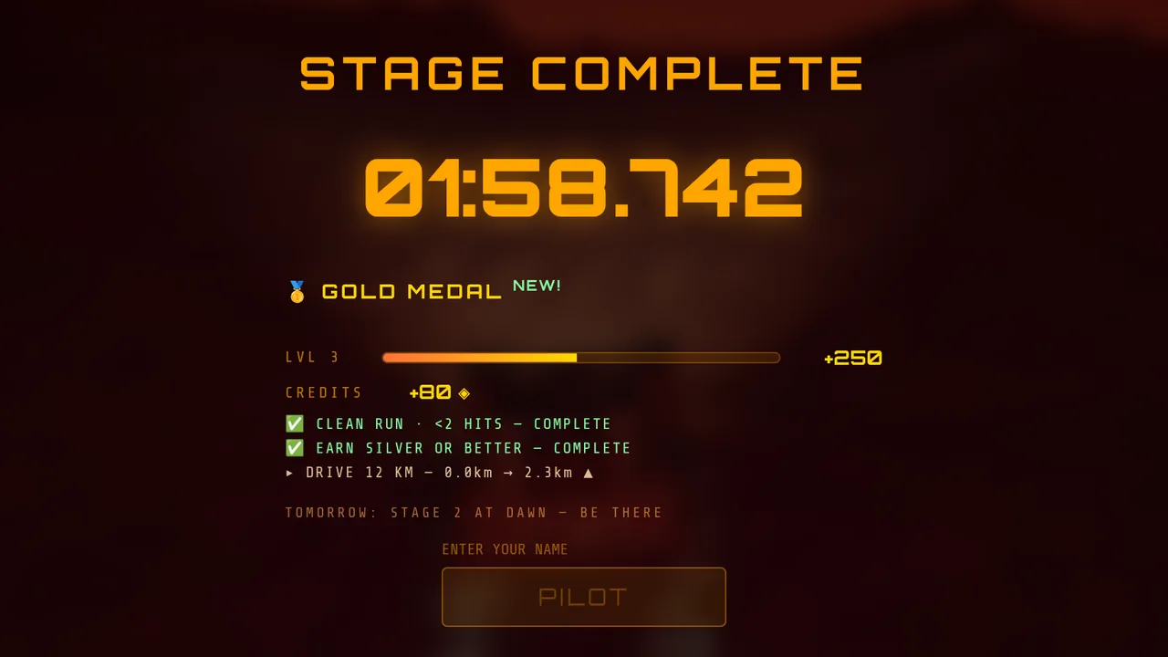Mars Rally Championship in-game screenshot: the results screen after a Stage 2, The Long Run, finish, showing STAGE COMPLETE, the stage time, the gold medal it earned, XP and credits, and the name field for posting the time to the board, with no drift score anywhere on it.