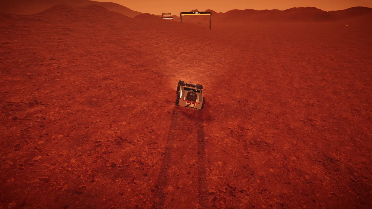 Mars Rally Championship in-game screenshot: the rover on Stage 2, The Long Run, under the DAY sky, the sculpted terrain running out to the horizon.