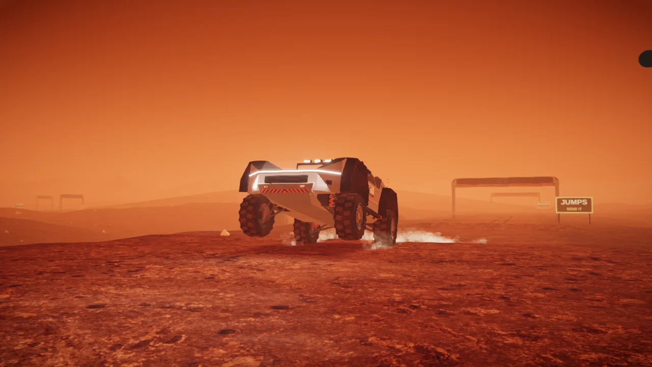 Mars Rally Championship in-game screenshot: the rover seen head-on in the air over the Proving Ground tabletop, all four wheels off the ground, the JUMPS board and a gate behind it