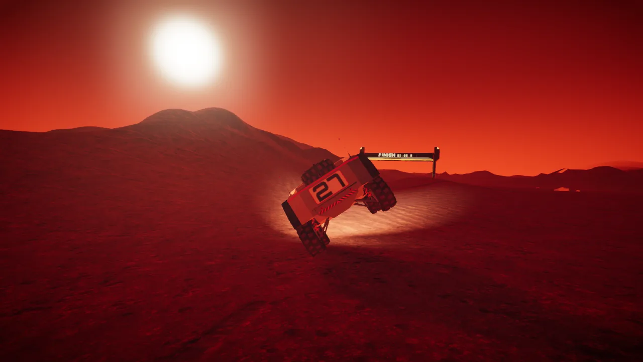 Mars Rally Championship in-game screenshot: the rover’s long-travel suspension articulating over rough Martian ground, one wheel drooping into a dip, seen from the low camera.