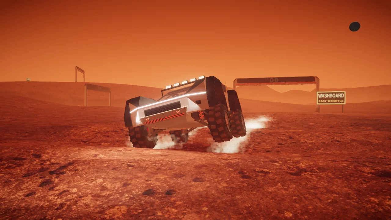 Mars Rally Championship in-game screenshot: the rover on the Proving Ground washboard seen low from the front, one wheel thrown up by the ripples, the WASHBOARD EASY THROTTLE board behind