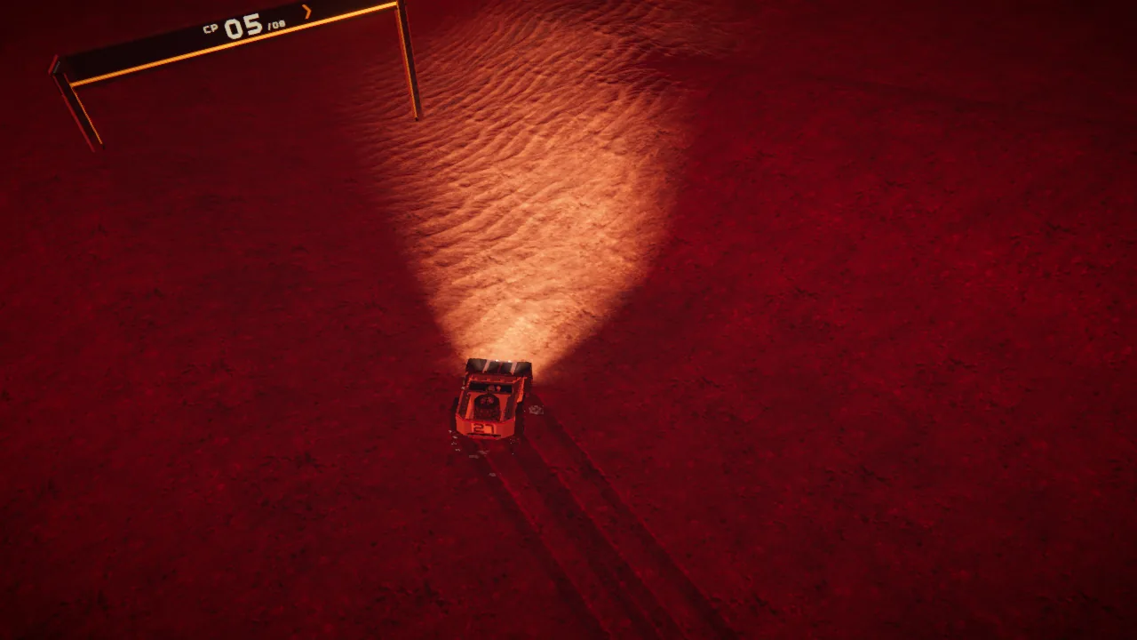 Mars Rally Championship in-game screenshot: Stage 3, The Opener, from the HELI camera, the rover alone on a point-to-point route across the sculpted terrain.