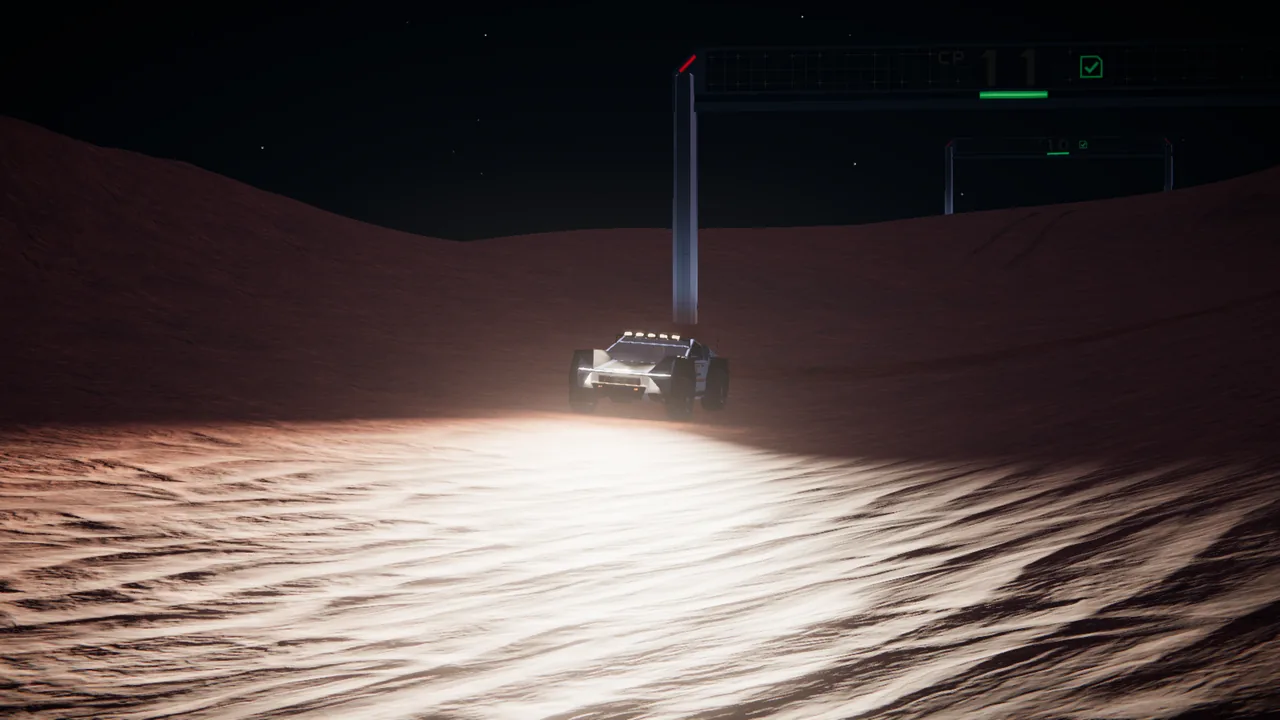 Mars Rally Championship in-game screenshot: Stage 2 at night under a starry black sky, the rally rover coming through checkpoint 11 with its light bars throwing a pool of light across the rippled regolith in front of it.