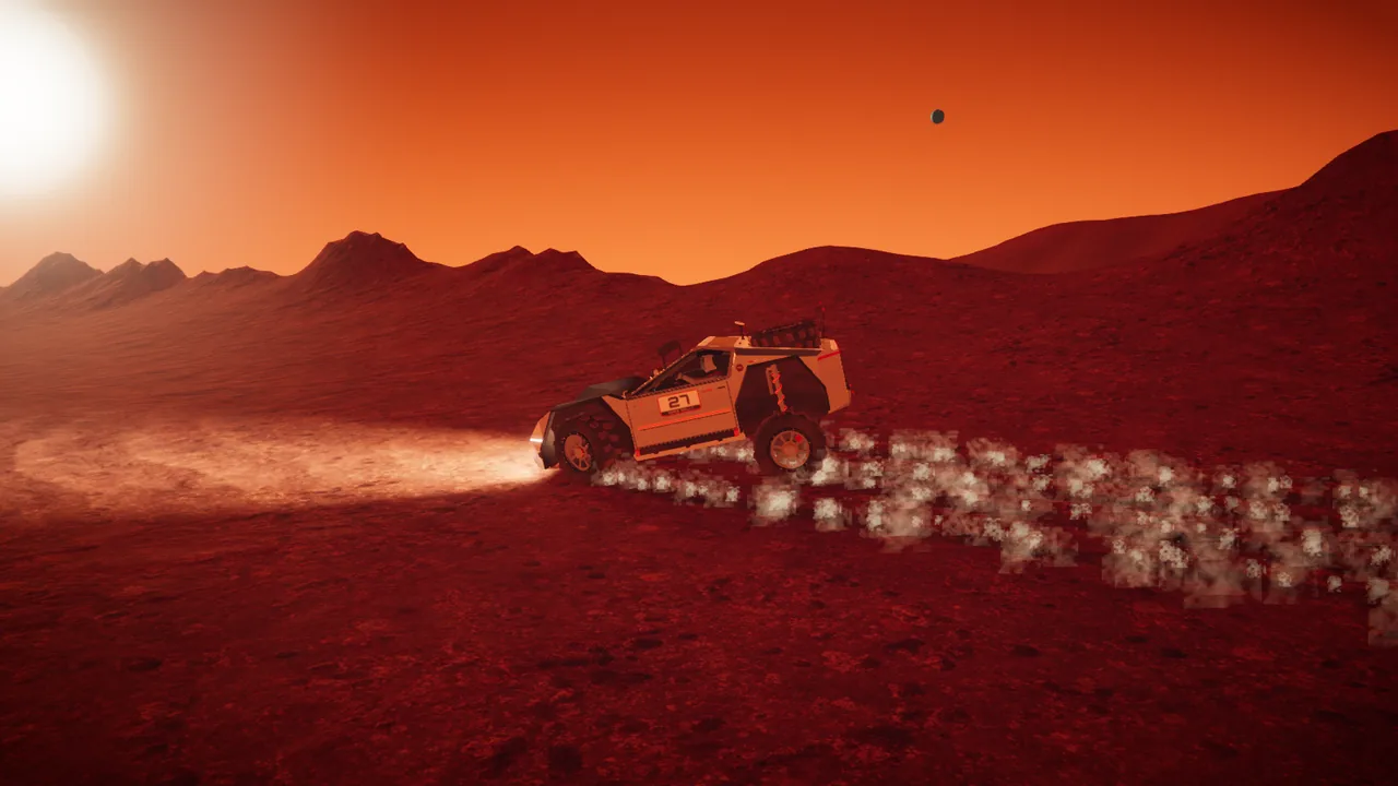 Mars Rally Championship in-game screenshot: Stage 2 at sunrise, the rally rover sliding sideways across red regolith with a long plume of dust behind it, the low sun at the edge of the sky and jagged ridges on the horizon.