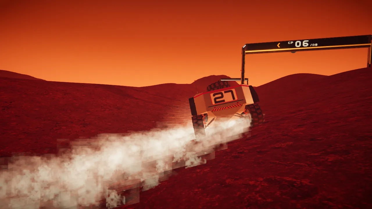 Mars Rally Championship in-game screenshot: the rally rover braking hard in a straight line toward a checkpoint gate, tail lights flaring and regolith dust spraying off its tyres
