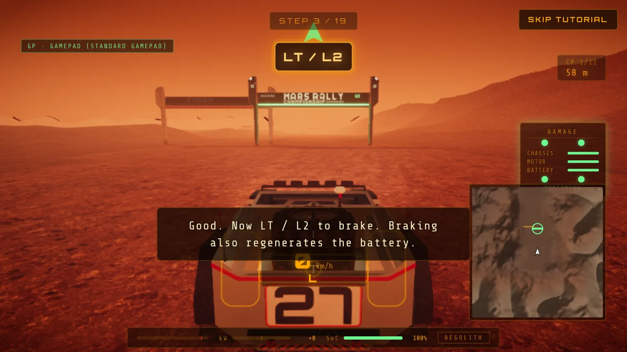 Mars Rally Championship in-game screenshot: a Proving Ground tutorial card with a pad connected, its key chip reading LT / L2 above the line Good. Now LT / L2 to brake, the rover on the start pad behind it
