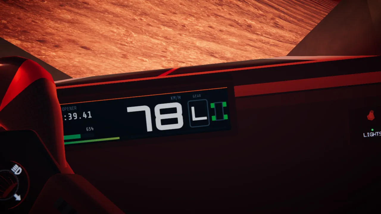 Mars Rally Championship in-game screenshot: close-up of the rover's dashboard telemetry screen at dusk, showing speed, gear, stage timer and corner damage, framed by the pilot's gloves on the yoke.