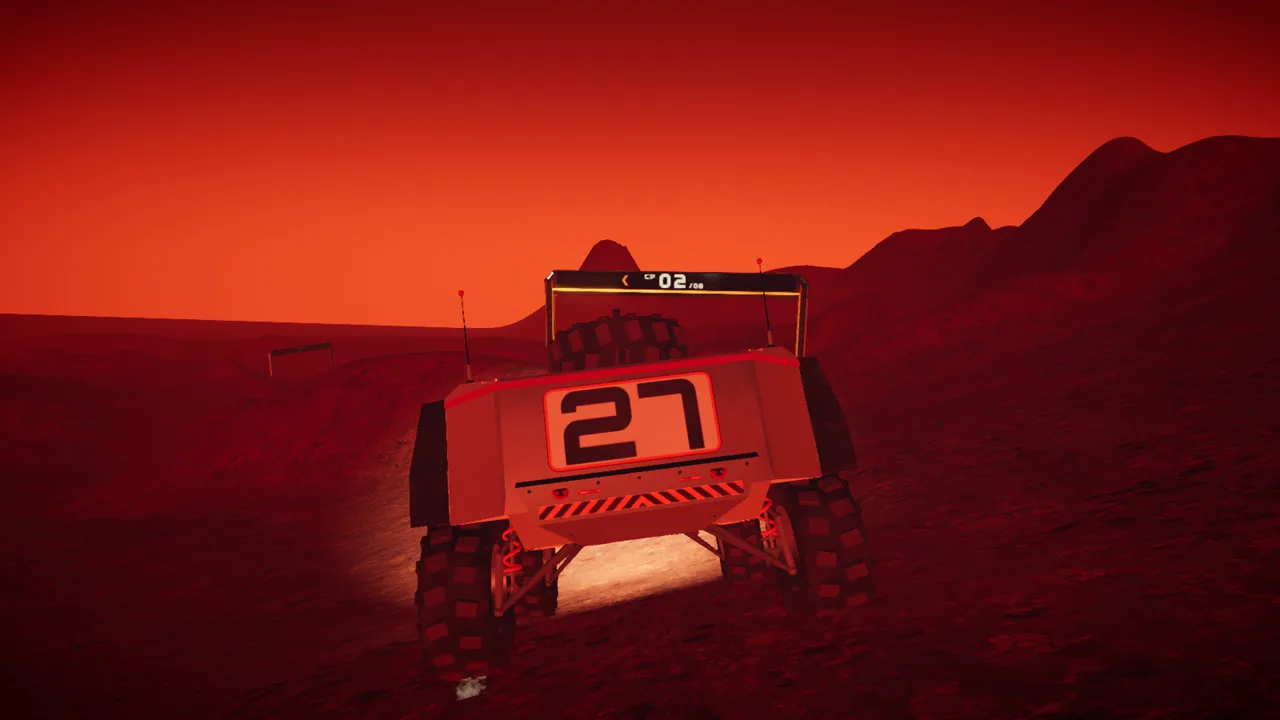 Mars Rally Championship in-game screenshot: chase view of the rover at sunset, race number 27 on its tail and the next gate ahead