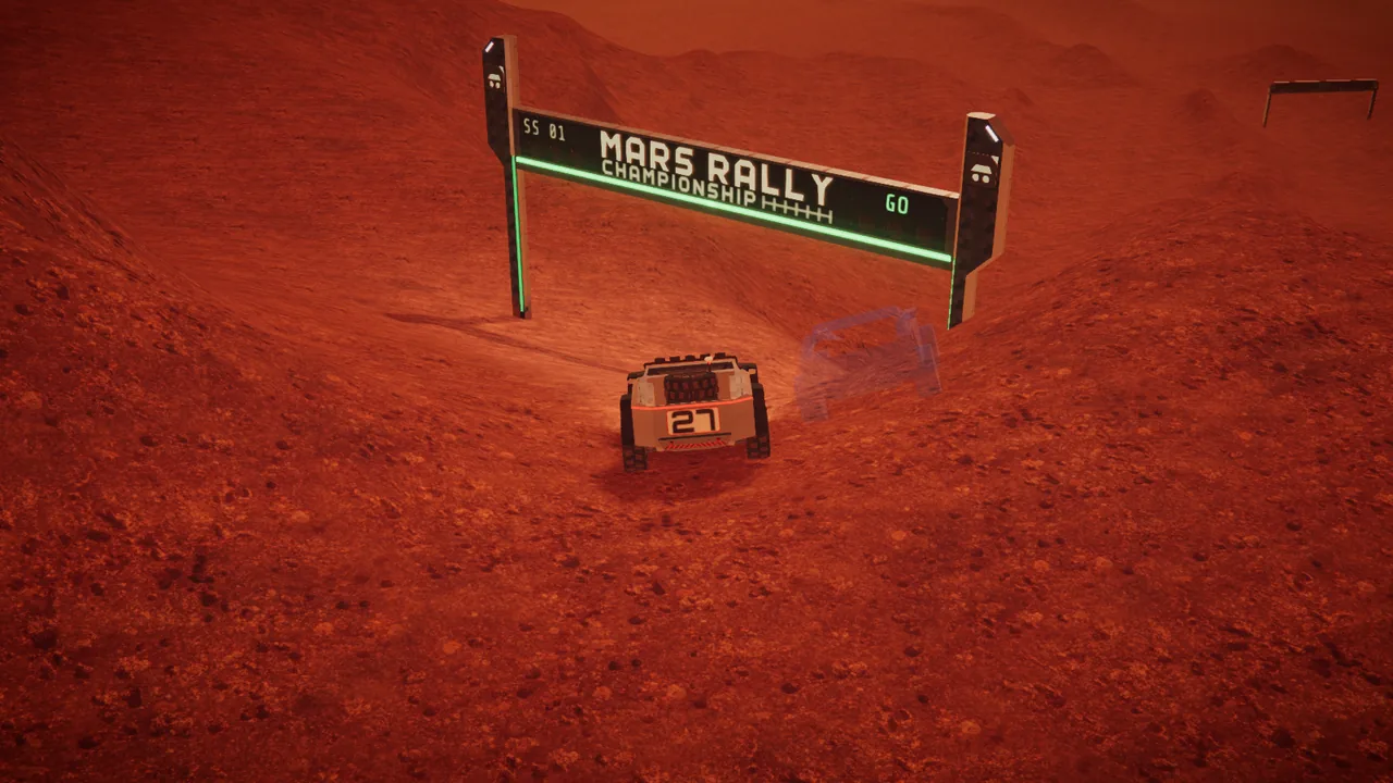 Mars Rally Championship in-game screenshot: the rover racing the translucent blue ghost of a leaderboard run toward the start arch