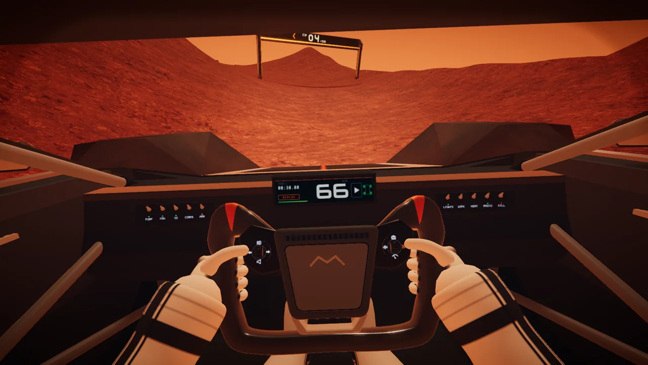 Mars Rally Championship in-game screenshot: HELMET view, the pilot's gloved hands on the yoke with the next gate ahead on Stage 1