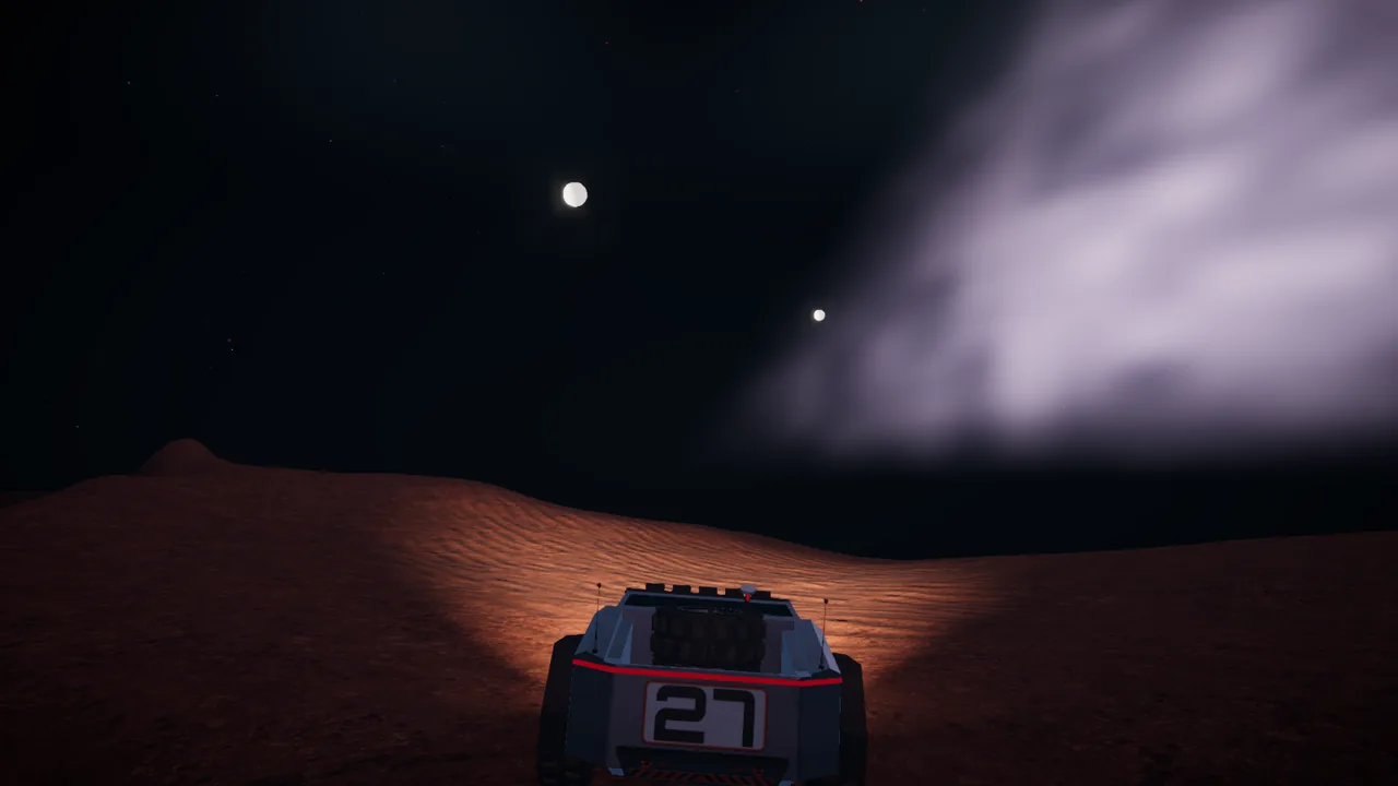 Mars Rally Championship in-game screenshot: a night run under a starry sky with Phobos and Deimos, the moons of Mars, overhead