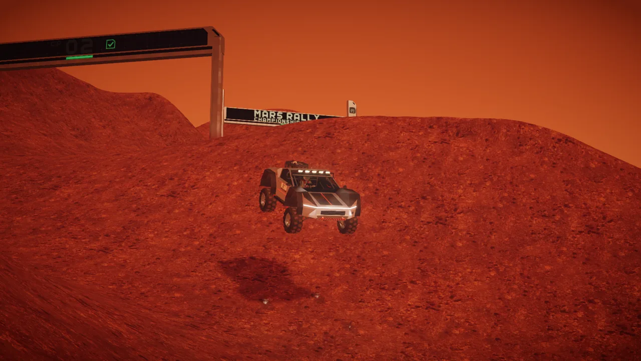 Mars Rally Championship in-game screenshot: the pressurized rally rover airborne over a crest on Stage 1, its shadow on the slope below
