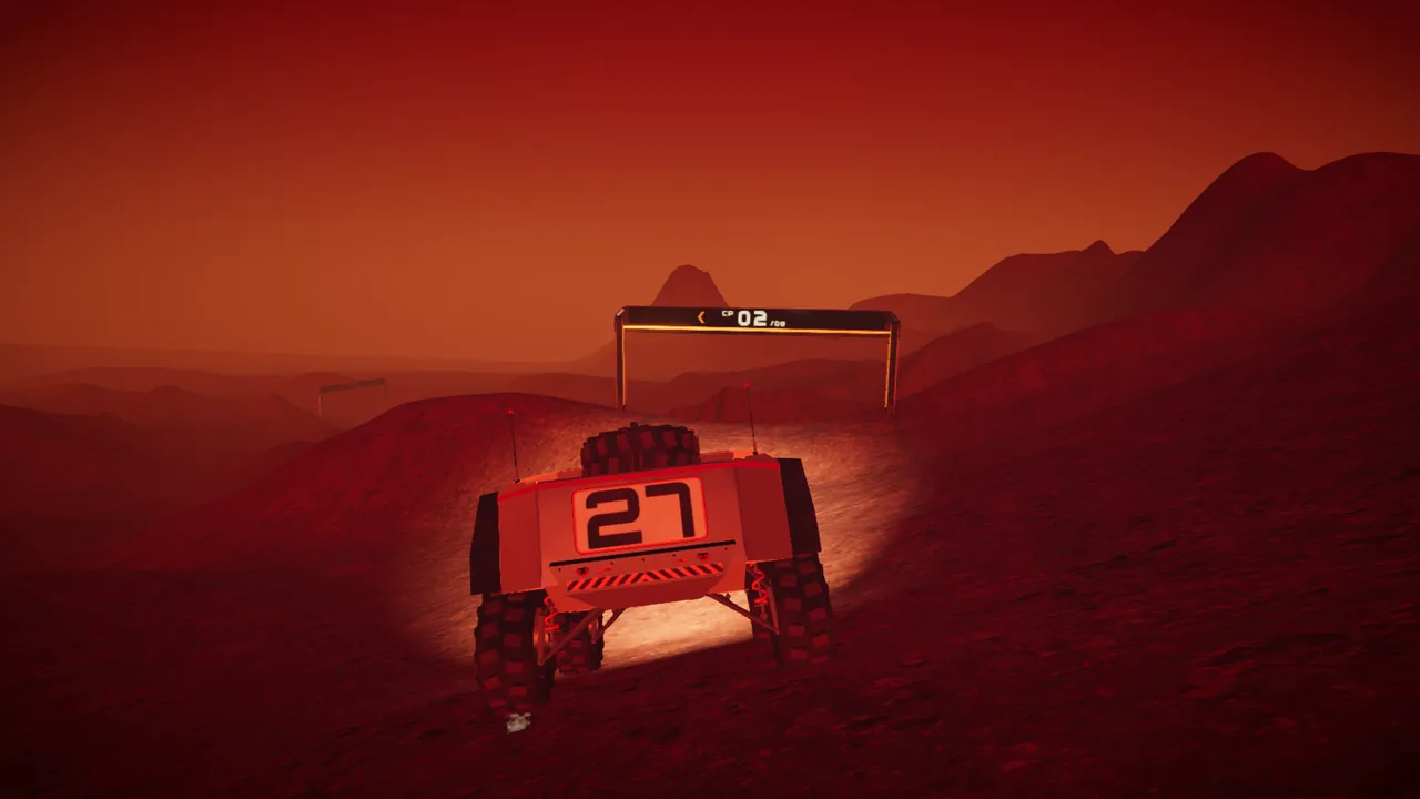 Mars Rally Championship in-game screenshot: storm variant, thick haze over the stage with the next gate glowing ahead of the rover