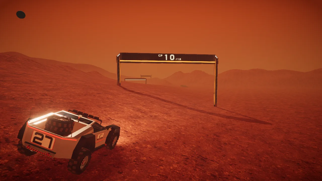 Mars Rally Championship in-game screenshot: the rover on a storm-variant run of Stage 2 seen from above and behind, its light bar lit, heading for the CP 10 gate while the ridges beyond fade into brown dust haze