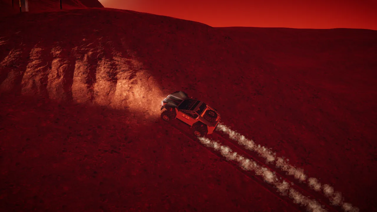 Mars Rally Championship in-game screenshot: the rally rover climbing the long slope of Stage 3 driven in reverse, the ground falling away behind it toward the valley floor