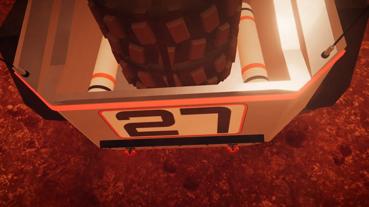 Mars Rally Championship in-game screenshot: close-up of the rally rover's open rear bay, two oxygen tanks on their cradles beside the stacked spare wheels