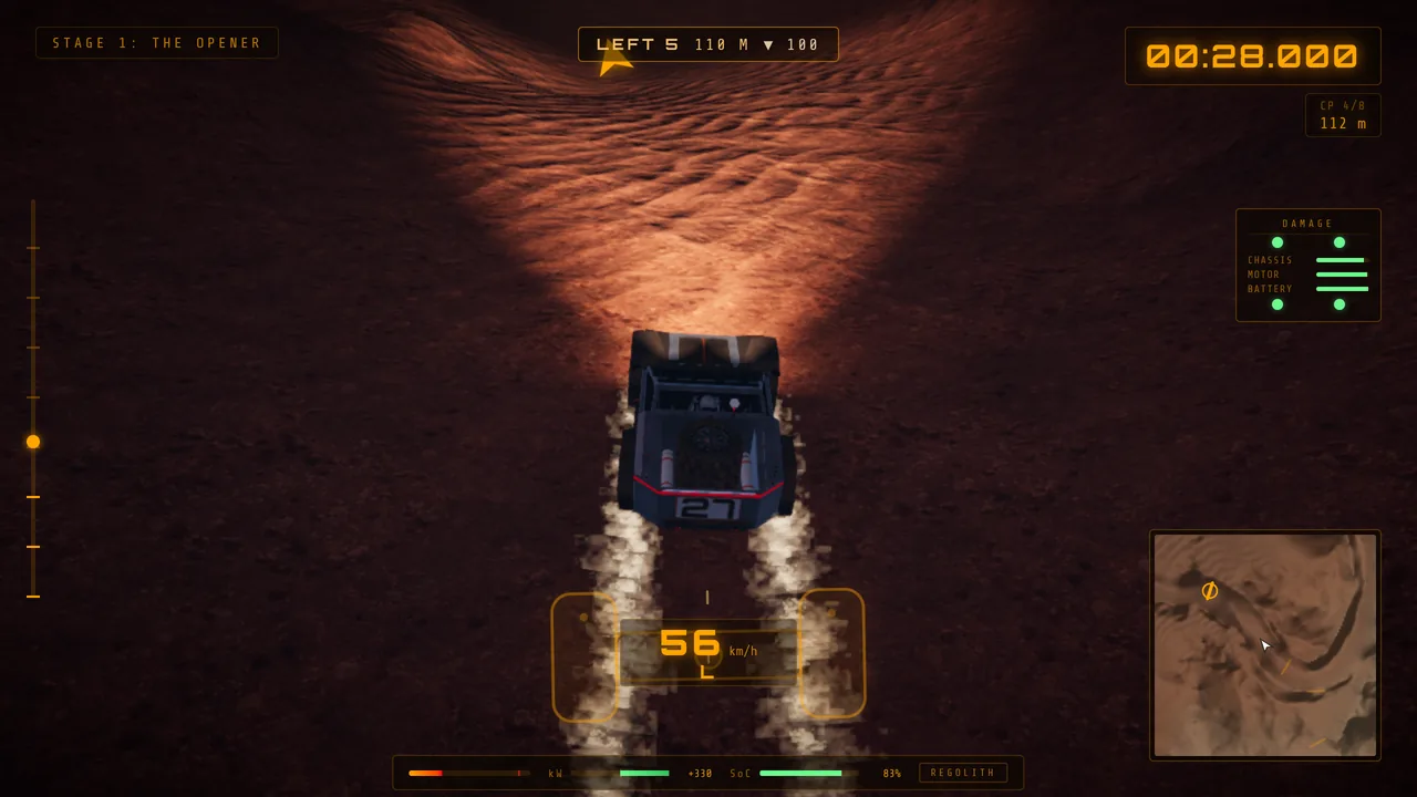 Mars Rally Championship in-game screenshot: a daily challenge run under the NIGHT sky, the rover’s lights on the regolith, stars overhead and the HUD live.