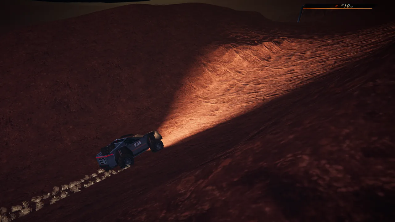 Mars Rally Championship in-game screenshot: the rally rover at night on Stage 1, The Eight, just past gate 9, seen from above and to one side by the replay's drone camera, its light bars throwing a long beam across rippled regolith with dark sculpted ground around it.
