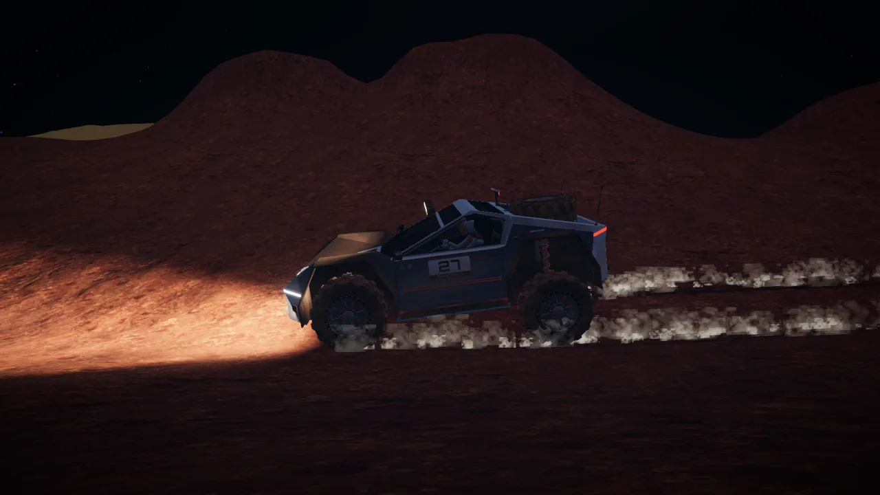 Mars Rally Championship in-game screenshot: the rally rover braking hard at night on Stage 1, The Eight, seen side on from the inside of the bend on the drop into gate 11, dust trailing from its tires and its light bars lighting the regolith ahead.