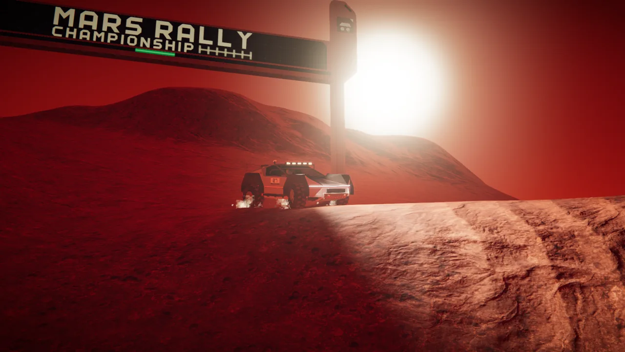 Mars Rally Championship in-game screenshot: a replay frozen in photo mode, the rover under the start arch with the interface hidden