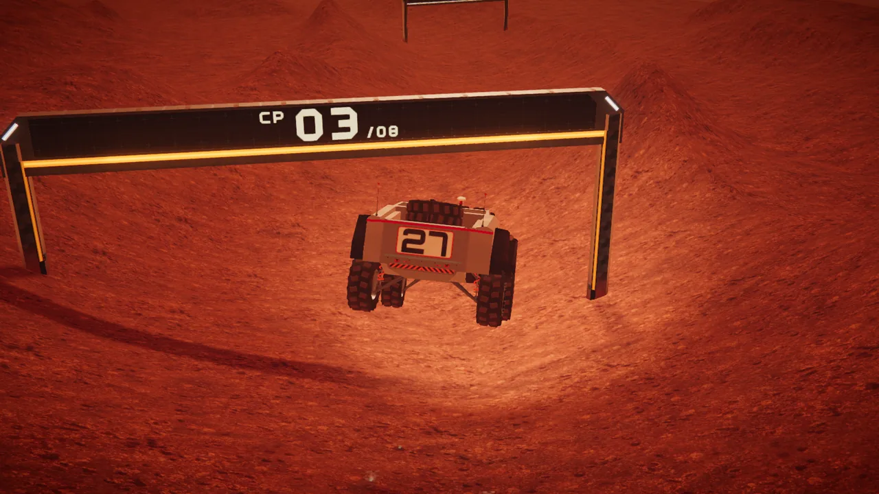 Mars Rally Championship in-game screenshot: a recorded leaderboard run through the TELE replay camera, the rover airborne under a gate