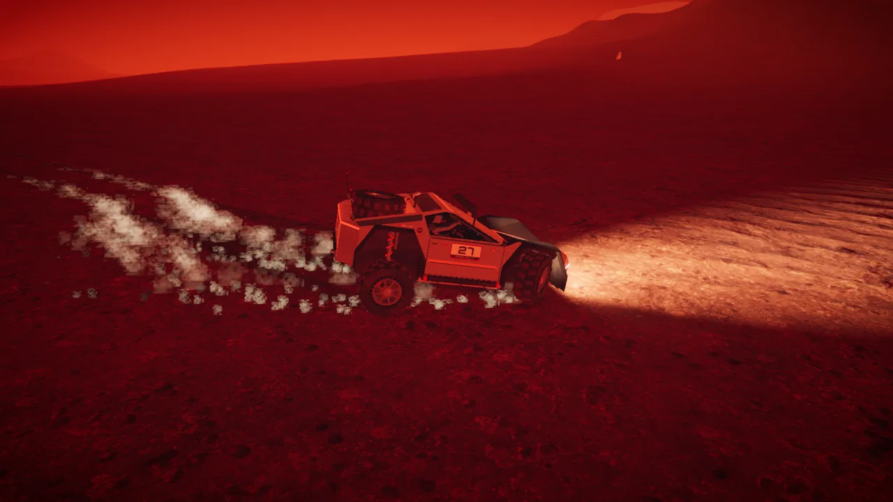 Mars Rally Championship in-game screenshot: free roam at sunset, the rally rover pivoting on the handbrake across open regolith, its body turned broadside to its line, a fan of dust thrown off the locked rear wheels, with no timer or gates in view.