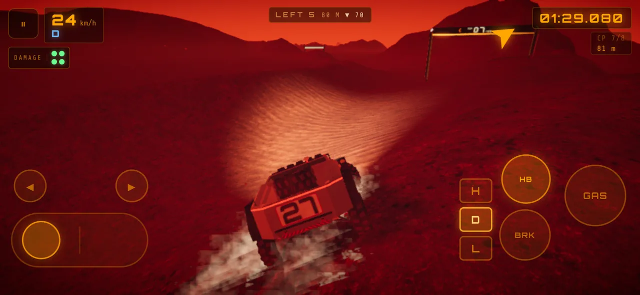 Mars Rally Championship in-game screenshot: a phone held sideways running Stage 3, The Opener, at sunset, the HB handbrake touch button held and the steering track pushed left as the rover swings off its line on the run into gate 7, with GAS, BRK and the gear buttons on screen.