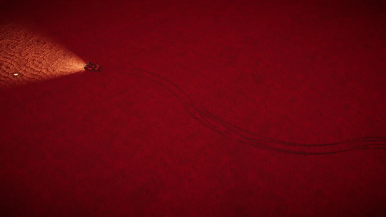 Mars Rally Championship in-game screenshot: free roam at sunset seen from high above and off to one side, the rally rover small on open regolith with its light bar lit, the curving tire tracks it has just pressed trailing behind it, and no gates, arches or route markers anywhere.