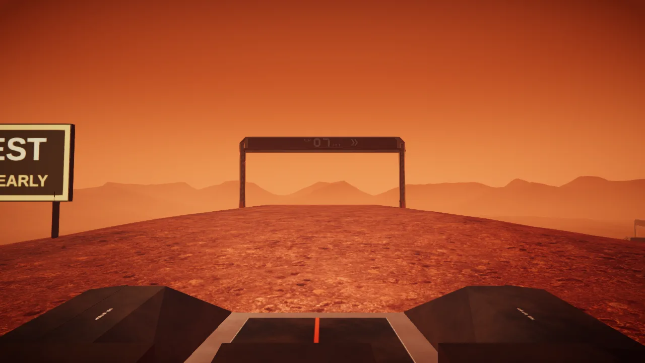 Mars Rally Championship in-game screenshot: the view from the rover's roof on the climb to the Proving Ground's blind crest, the CREST BRAKE EARLY board at the roadside and a gate on the skyline, the road beyond out of sight