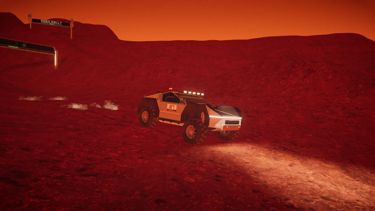 Mars Rally Championship in-game screenshot: the rover on Stage 3 in the low light of the SUNRISE sky, long shadows across the regolith.