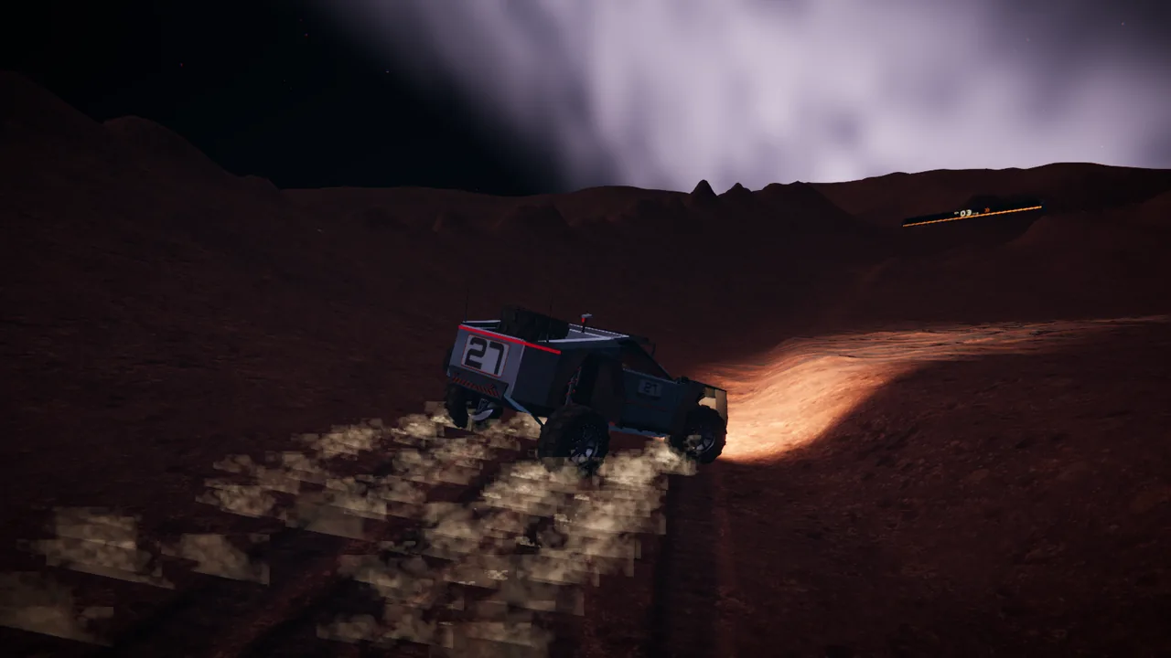 Mars Rally Championship in-game screenshot: Stage 1, The Eight, at night, the rally rover thrown sideways on the handbrake on the climb to gate 3, its light bar sweeping a beam across the regolith where its nose points, dust spraying from its tires, and gate 3's arch on the skyline under the pale band of the Milky Way.