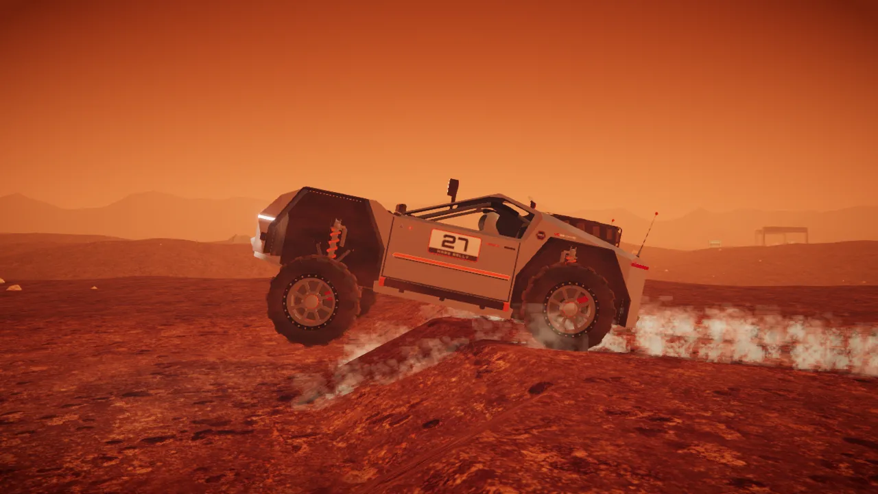 Mars Rally Championship in-game screenshot: the rover leaving the lip of the kicker jump in the Proving Ground tutorial, its front wheels lifting off the ramp, seen low from the side