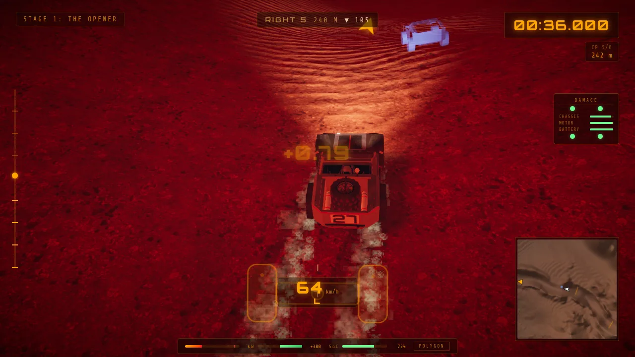 Mars Rally Championship in-game screenshot: a Stage 3 time trial with a translucent ghost rover driving the line a few lengths ahead of the pilot.