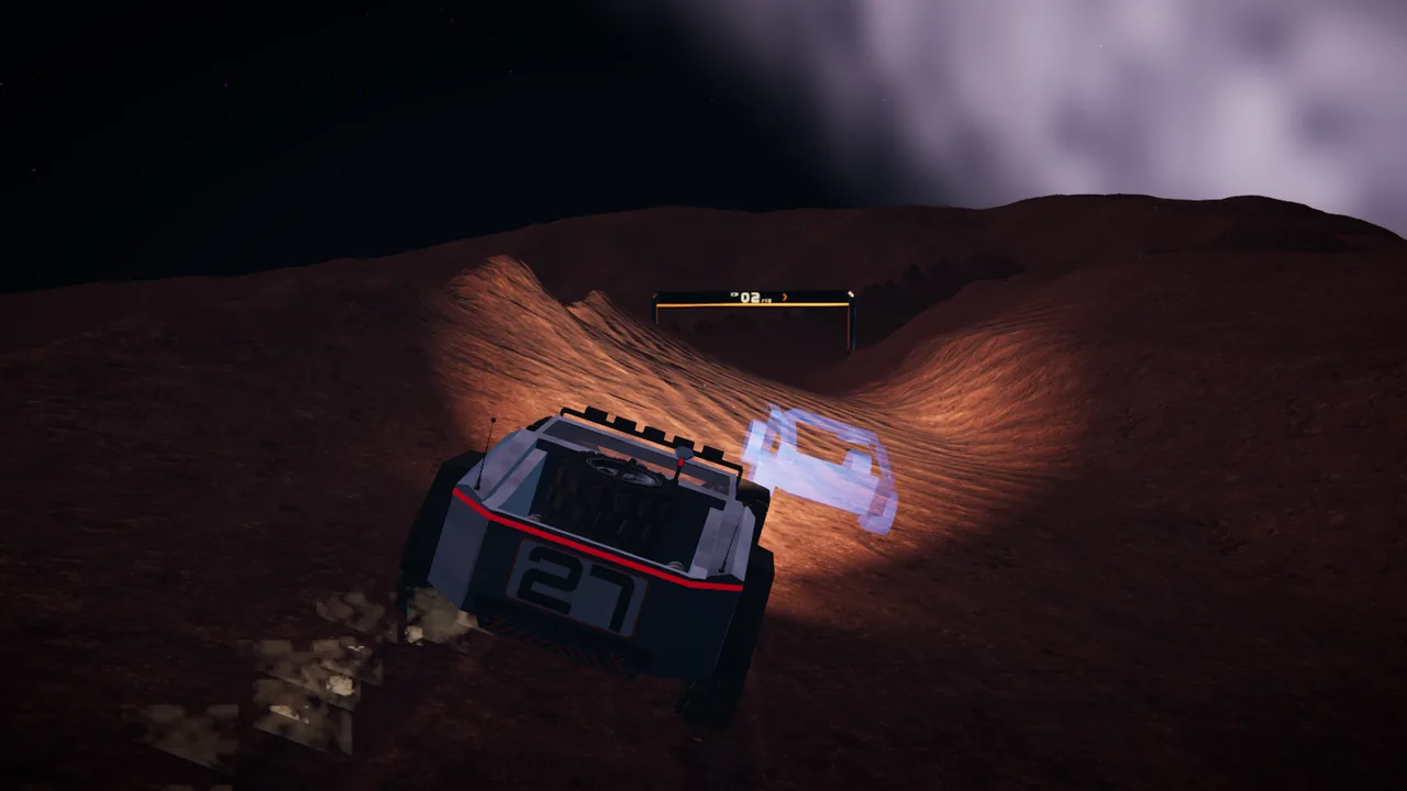 Mars Rally Championship in-game screenshot: a translucent ghost rover a few lengths ahead of the rally rover at night on Stage 1, The Eight, both on the opening straight toward gate 2, the chasing rover's light bars lighting the ghost and the regolith between them.