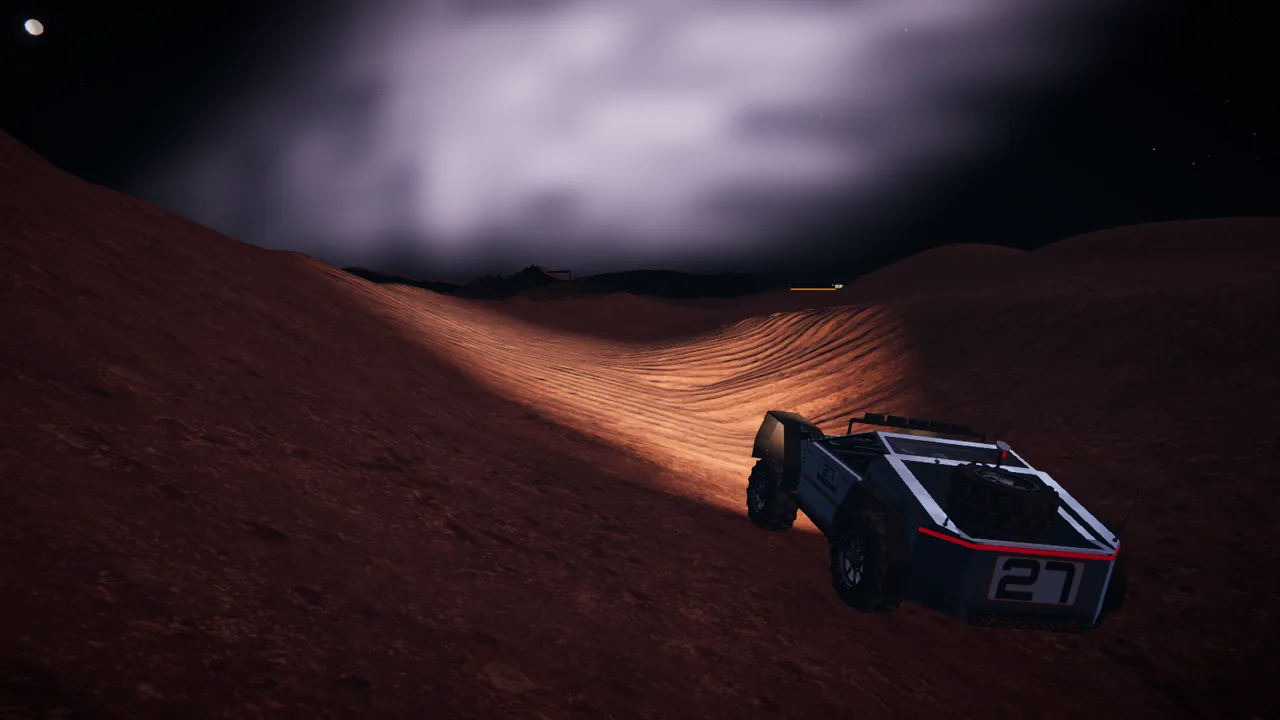 Mars Rally Championship in-game screenshot: the rally rover at night on Stage 1, The Eight, seen from behind and to one side as it runs downhill from gate 5 toward gate 6, its light bars lighting rippled regolith ahead and gate 6 glowing far off on the dark skyline.