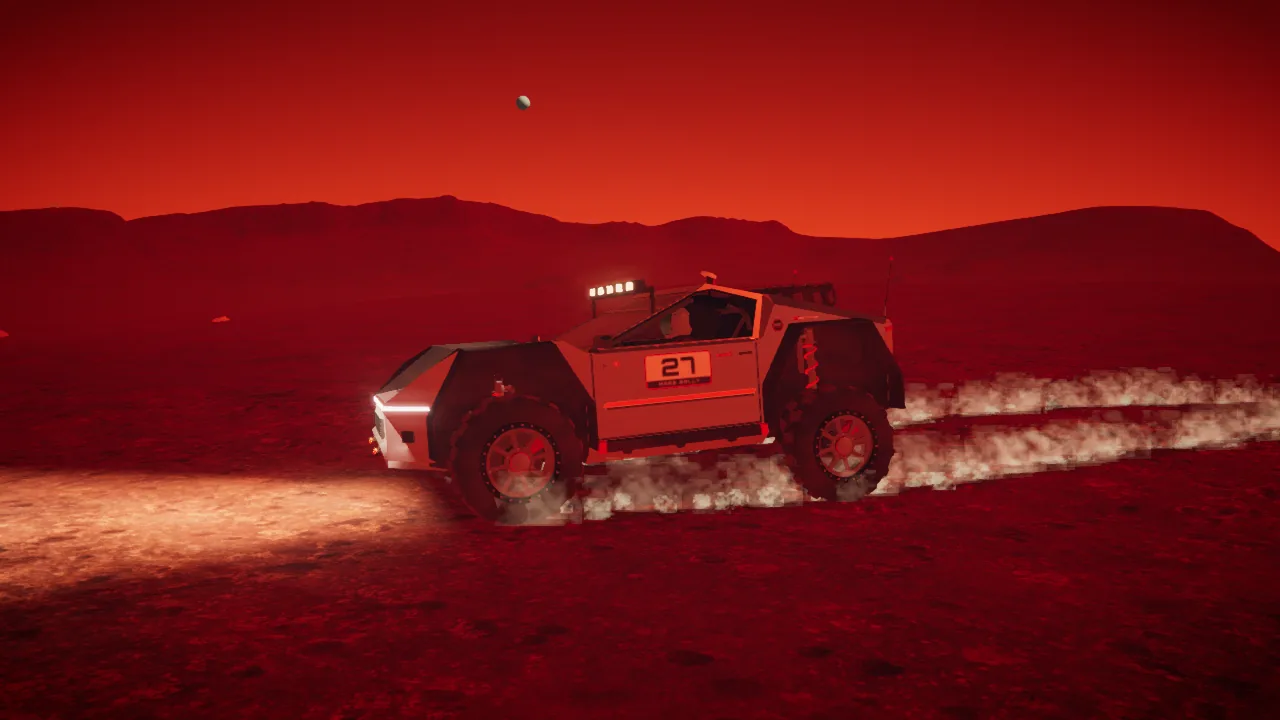 Mars Rally Championship in-game screenshot: the rover cruising across rolling ground in free roam at sunset, dust trailing from its wheels and a ridge line behind