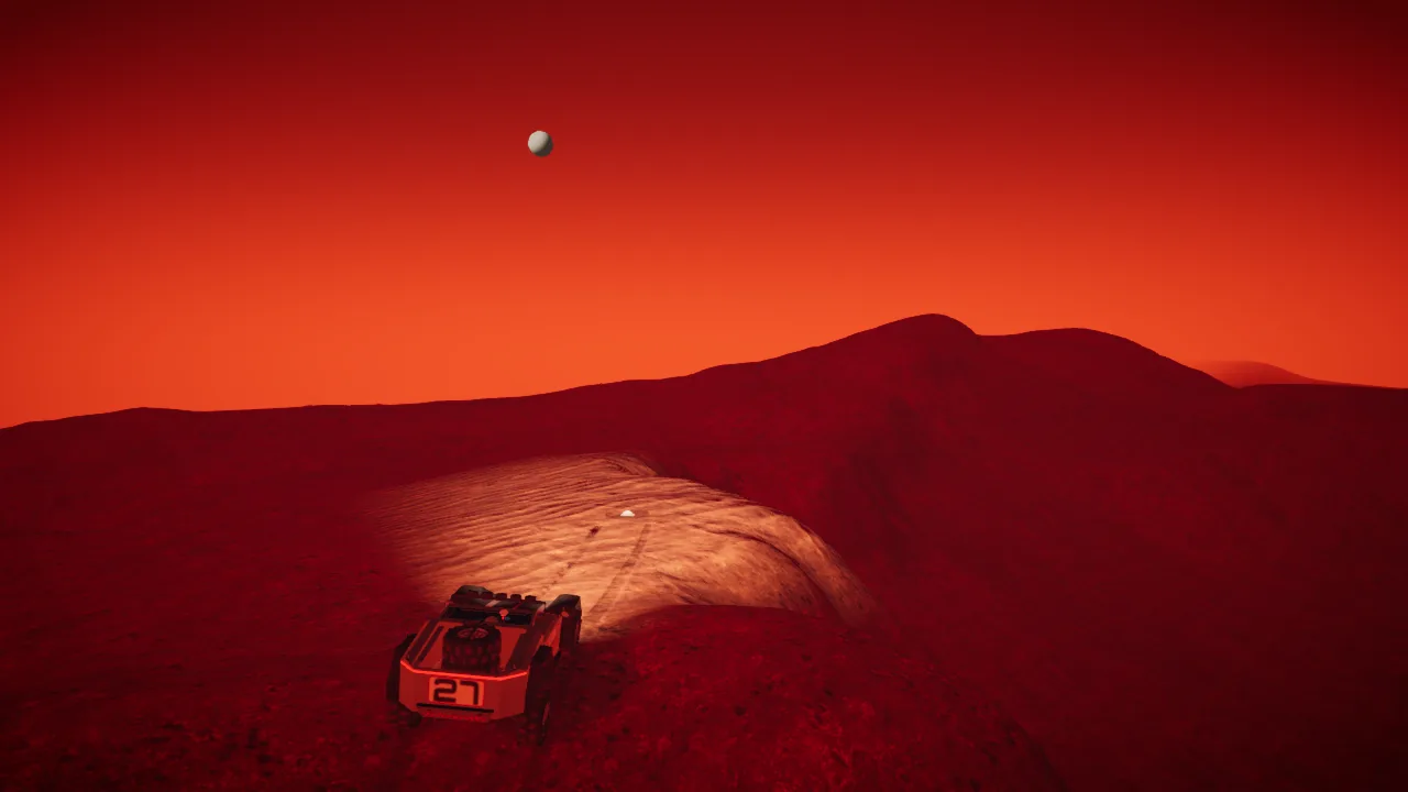Mars Rally Championship in-game screenshot: the rover stopped on a hilltop in free roam at sunset, its headlights on the ground ahead and a long ridge and a moon beyond