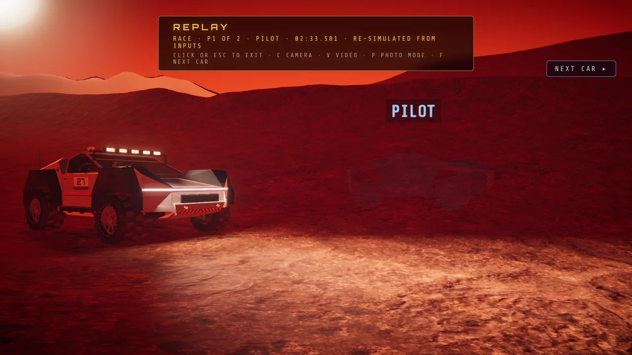 Mars Rally Championship in-game screenshot: a whole-race replay of an online race on Stage 2 at sunset, the winning rover, race number 27, and the runner-up as a faint translucent ghost tagged PILOT running side by side toward the camera, under the replay banner reading RACE, P1 OF 2, PILOT, 02:33.581, with a NEXT CAR button.